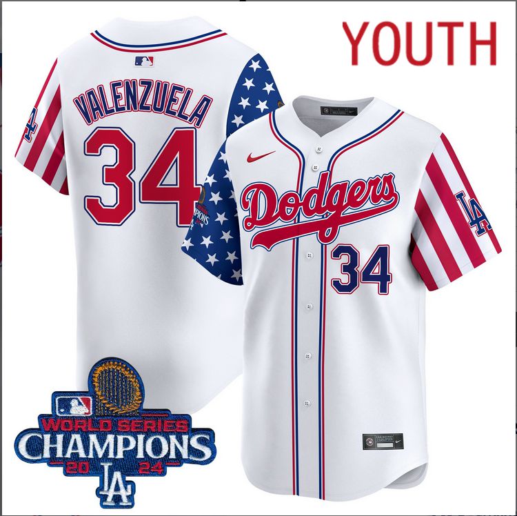 Youth MLB Los Angeles Dodgers 34 Valenzuela American Style white 2024 World Series Champions Limited Jersey